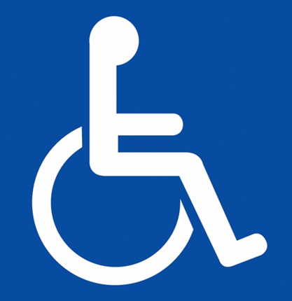 Het blauw/witte pictogram van een rolstoelgebruiker, het universele symbool van (Mensen met een) Handicap.