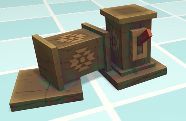 Dit Decorstuk bestaat uit twee blokken-in-Azteekse-stijl. Het linkerblok ligt horizontaal en iets gedraaid; het rechterblok staat rechtop, en bevat een hefboom als schakelaar.