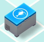 De voerdoos met Artemia-kreeftjes heeft een blauw deksel en een wit kreeftje als afbeelding.