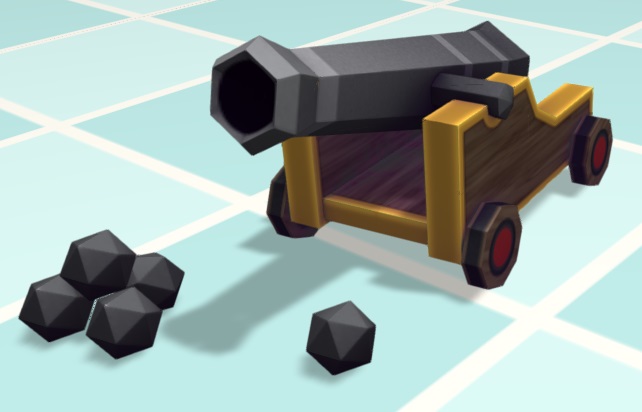 Een (Piraten)kanon met houten onderstel en vier wielen. Voor het kanon liggen vijf kogels, waarvan vier gegroepeerd.