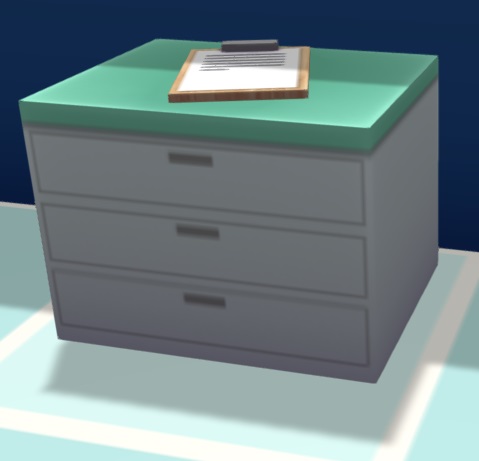 Een kast met drie laden. Bovenop de kast ligt een Klembord.
