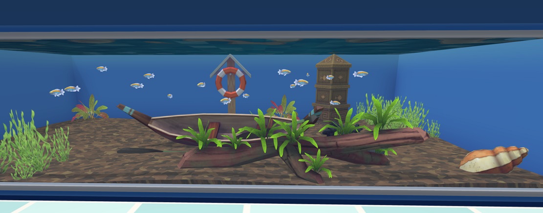Zestien (kleine) Kongozalmen in hun Aquarium, met als Versiering een Schelp, een Kano, een Reddingsboei en een Kolom. Het Aquarium bevat ook talrijke waterplanten.
