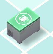 Een Krab-Voerdoos, met een muntgroen deksel. Op het deksel staat een witte, omcirkelde afbeelding van een Krab.