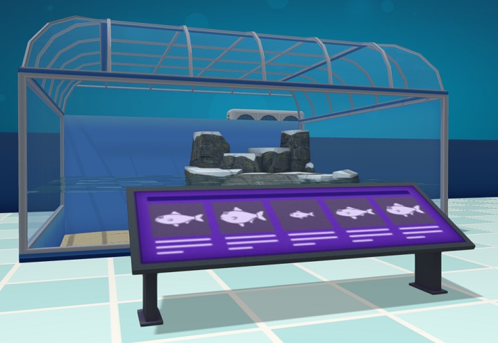 Een paarse Familie-poster voor een 'Polar Dome'. Op de poster staan vijf afbeeldingen van Vissen, die wat op elkaar lijken.