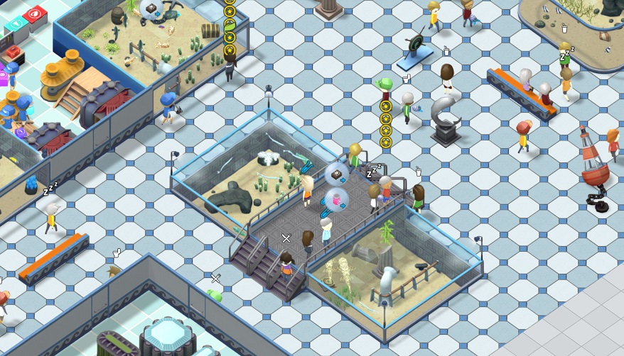 Bovenaanzicht van een Aquarium-gebouw, 'geschilderd' in Griekse stijl nr 2. Bezoekers en Aquaristen lopen van Aquarium naar Aquarium.