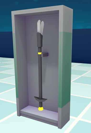 Een hoge kast waarin een 'Feeding Stick' hangt, met de kenmerkende 'voedseltang' aan de bovenkant.