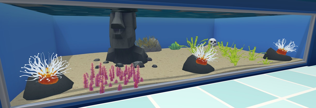 Drie Urticina Piscivora in hun Aquarium, met een Paaseiland-hoofd en een Schedel ter versiering.