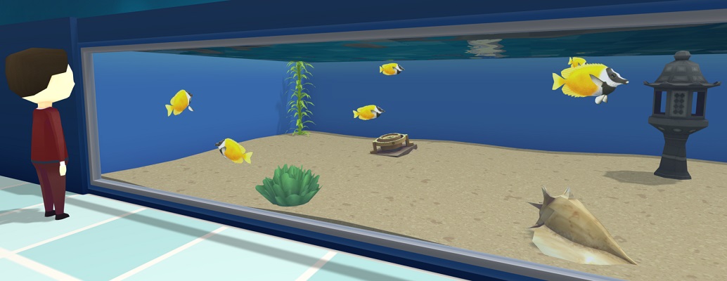 Een Bezoeker kijkt naar een Aquarium met zes Vossenkopvissen erin. In het Aquarium liggen een Slakkenhuis, een Kompas en Lantaarn ter versiering.