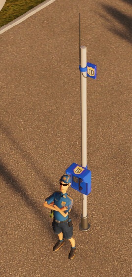 Een Bewaker houdt de wacht bij een Beveiligingspost. Deze Post bestaat uit een hoge, witte paal, met een blauw telefoontoestel erop, en een antenne bovenaan.