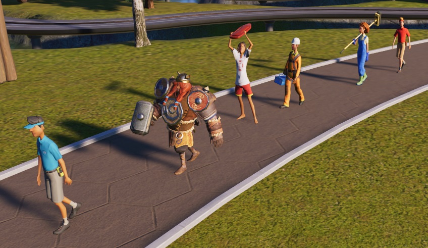 Netjes op een rij, van links naar rechts: een Attractiemedewerker, een Viking-entertainer, een Redder, een Monteur, een Schoonmaker en een Verkoper.