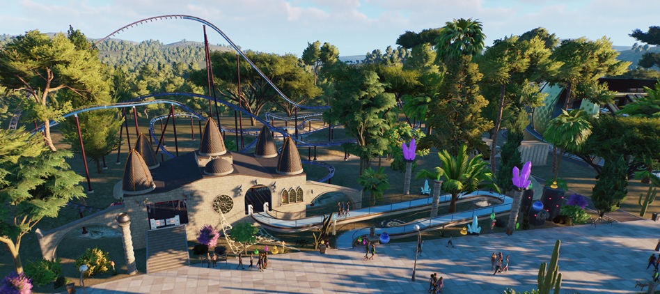 De ingang van een Child Coaster, gethematiseerd naar het Tovenarij-thema. Rechts is een deel van een Flying Theatre te zien.