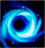 Verschillende blauwe spiralen draaien in elkaar en omringen een cirkelvormige 'opening' in de Ruimte.