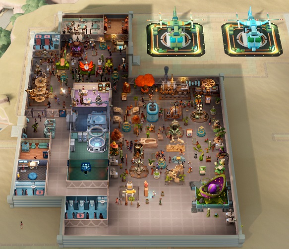 Een bovenaanzicht van het Bungle Wasteland-Museum in een woestijnlandschap. Het Museum is gevuld met vele Prehistorische en Botanische Museumstukken, plus enkele Wetenschappelijke apparaten. Rechtsboven zijn de twee Helipads te zien.