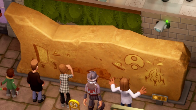 Een stenen muur, volgekladderd met Vliegende Schotels. Vóór de muur staan vijf Bezoekers (een Kind, een Wetlantean en drie gewone Bezoekers); rechts houdt een Veiligheidscamera alles in de gaten.