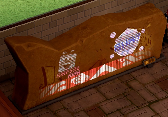 Een stenen muur, volgekladderd met Vliegende Schotels, waarover buitenaardse 'reclamespots' geprojecteerd worden.