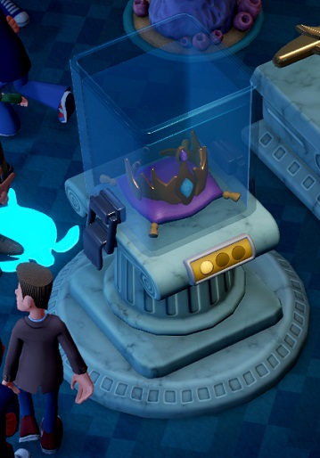 Een Wetlantische Kroon, vervat in een goed afgesloten glazen bak. Linksonder loopt een Bezoeker voorbij.