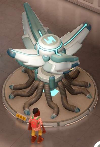 De Cybegonia Flower is een 'opengeklapte' versie van de Galactic Bulb. De vier open bloembladeren onthullen het Uitvoersymbool in de kroon. Een Toerist bekijkt de Cybegonia Flower van voren.