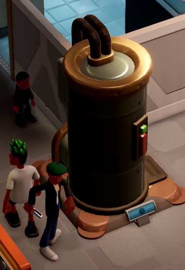 De DNA Designer I bestaat uit een verticale metalen cilinder, voorzien van een bedieningspaneel met twee knoppen aan de zijkant, en twee buizen die bovenaan uit de cilinder komen. Een Kind bekijkt het toestel van links; twee andere Bezoekers zijn onderaan zichtbaar.