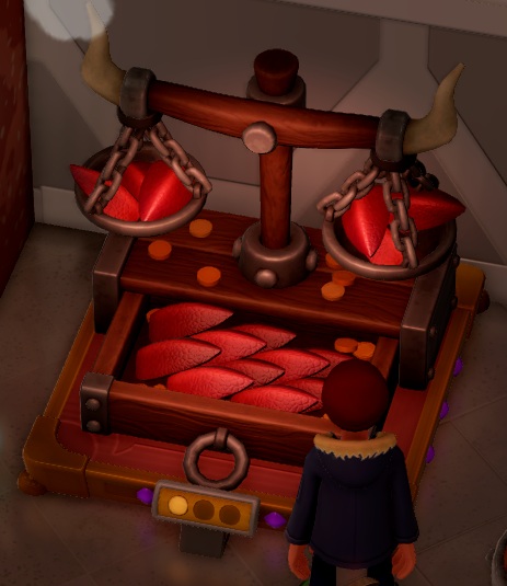 Een enorme traditionele twee-armige weegschaal. Iedere arm heeft een hoorn; rode drakenschubben vullen beide weegkommetjes. In de voet van de weegschaal is een lade ingewerkt, gevuld met drakenschubben. Enkele muntjes liggen verspreid over de voet. Een Bezoeker (onderaan de foto) bekijkt de weegschaal.