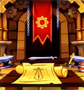 Het interieur van een smidse, met een booggewelf in het midden. Een rode banier met een tandwiel erop hangt in het midden; links en rechts van de banier hangen kettingen aan het plafond. Op de voorgrond staat een houten tafletje met een blauwdruk van een zwaard erop. Links en rechts staan aambeelden en hamers.