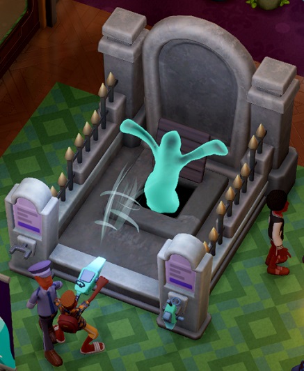 Een Bezoeker bestookt een Spook met een soort 'hand-stofzuiger'. Het Spook komt uit een overmaats graf.