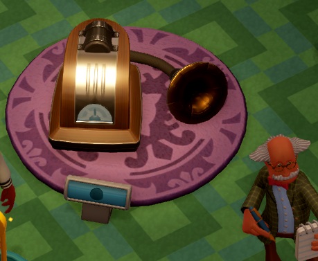 De Ghost Thruster is een apparaat met een wijzerplaat aan de voorkant, en een grote slang-met-hoorn aan de achterkant. Rechts staat een Professor notities te nemen.