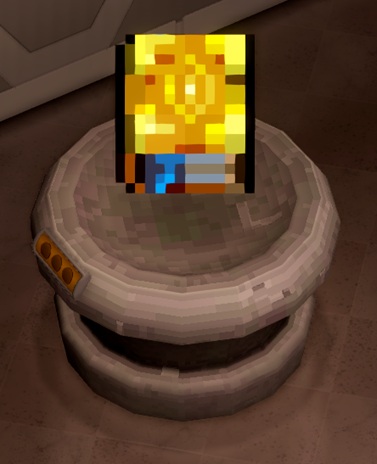 Op een ronde, stenen sokkel staat een boek met een goudgeel omslag. Onderaan steekt een blauw lintje uit het boek. Alles is opgebouwd uit tweedimensionale pixelblokken.