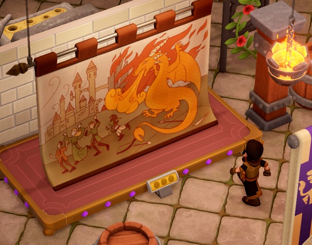 Een Dwerg bekijkt de Halvenhaf Tapestry: een wandtapijt waarop een afbeelding staat van een vuurspuwende draak die Mensen (en een Goblin) wegjaagt.