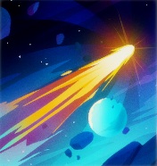 Een komeet, met kenmerkende 'staart', schiet van linksonder naar rechtsboven doorheen het Heelal. Rondom de komeet zweven rotsblokken; rechtsonder drijft een planeet.