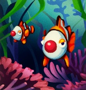 Twee Clown Fishes zwemmen onder water. Op de voorgrond is er rood zeewier te zien; links en rechts zijn er groene waterplanten.