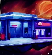 Een tankstation zweeft in de Ruimte. Rechtsachter is een oranje planeet-met-ring te zien.