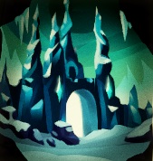 In een donker, bevroren landschap staat een kasteel waarvan de torens met ijs bedekt zijn. De kasteelpoort is open; wit licht schijnt dreigend uit het kasteel.