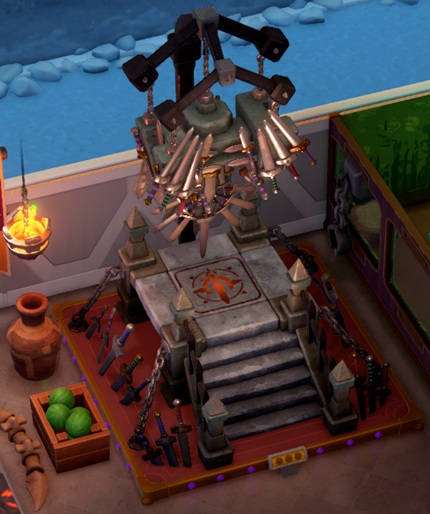 BOven een vierkant ijzeren platform hangt een troon - ondersteboven. Allerlei zwaarden omringen troon en platform. Links zijn een vuurkorf, een kruik en een krat met drie meloenen erin, te zien.