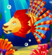 Een Lionhead Fish zwemt voorbij. Onderaan is een deel van de zeebodem zichtbaar, begroeid met sponzen en waterplanten.