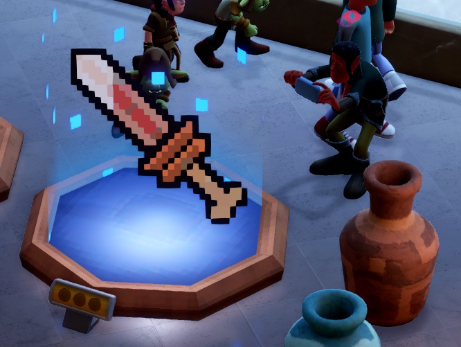 Een zwaard, opgebouwd uit pixels, met kleine, blauwe, vierkante partikels die errond zweven. Het gevest is een been uit een skelet. Achter het zwaard lopen Bezoekers voorbij. Een Elf neemt een foto. Rechts staan twee kruiken in Fantasy-stijl.