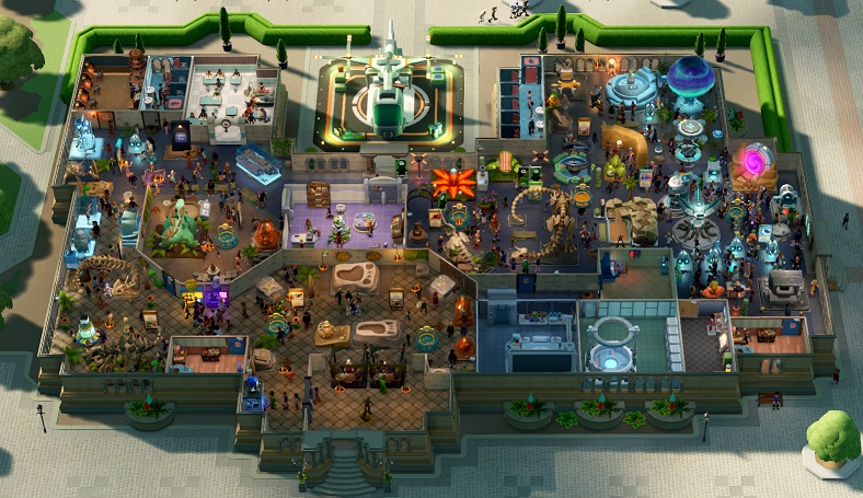 Een bovenaanzicht van het Memento Mile-Museum, gevuld met vele Prehistorische, Botanische en Ruimte-Museumstukken.