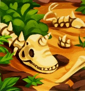 Een begroeide vlakte, mt op de voorgrond de schedel en een deel van de ruggengraat van een Unihornus. Op de achtergrond steken nog delen van andere dinoskeletten uit de grond.