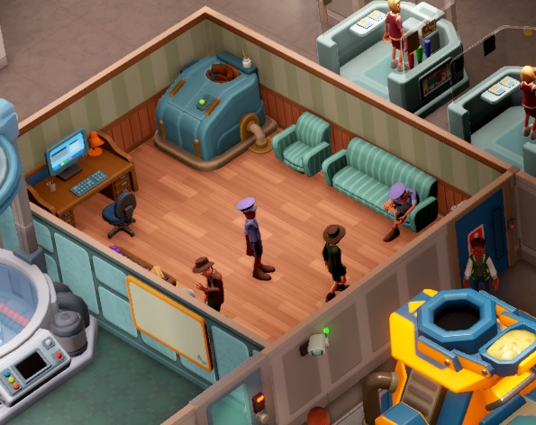 Vier Personeelsleden (twee Bewakers en twee Experts) lopen rond in de Personeelsruimte tijdens een pauze.