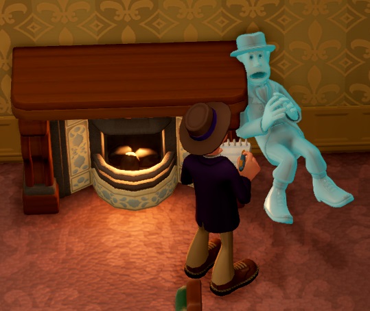 Een Plebeian-Spook in 'gesprek' met een Supernatural Expert, naast een open haard. De Geest ligt neer, alsof hij in een Psychiaterssofa ligt.