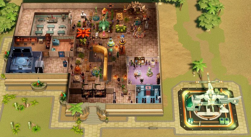 Een bovenaanzicht van het Plywood Island Pop-up Museum, met Helipad onderaan de Oostkant.