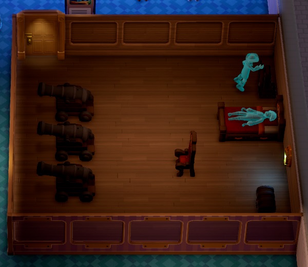 Bovenaanzicht van een Polterguest Room ingericht in Piratenstijl, met drie Kanonnen, een Schatkist, een Schipsroer, een Stoel en een Bed. Twee Piratengeesten bewonen de Kamer. De Wanden zijn doorzichtig naar buiten toe, zodat Museumbezoekers de Spoken kunnen gadeslaan.