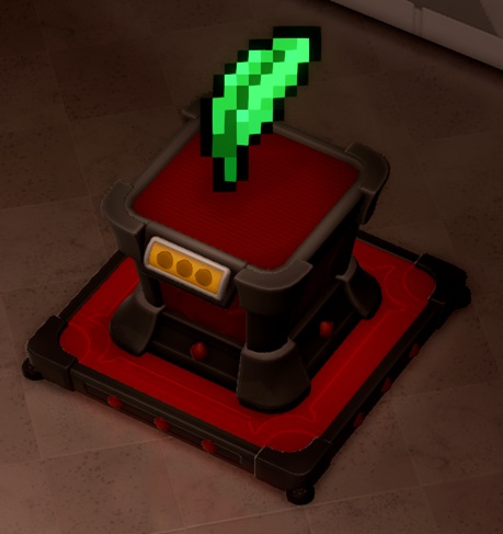 Op een verhoging staat een spinazieblad, opgebouwd uit tweedimensionale pixelblokken.