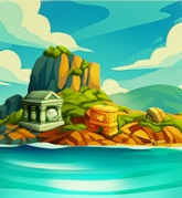 Een eiland, met de zee op de voorgrond. Op het eiland staat een grote berg. Links staat een tempel, rechts een schrijn.