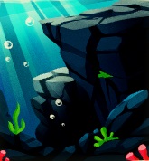 Een rotswand onder water, met twee uitstekende richels. Links vallen enkele zonnestralen op het tafereel. Bubbels zweven in het water.