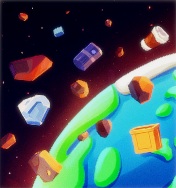 Een detailopname van de Dampkring rond de Aarde. Vele stenen en Menselijk afval (bekertjes, kisten, ...) zweven in de Dampkring. Rechts is de Aarde te zien.