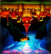 Een nachtelijke rivier stroomt tussen rotsen. Boven de rivier hangt een complete stad ondersteboven in de lucht. De stad wordt weerspiegeld in de rivier.