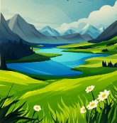 Een rivier in een groene bergvallei. Op de voorgrond bloeien margrieten.