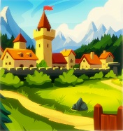 Een landschap met bergen op de achtergrond en een weggetje door het gras op de voorgrond. Een stad, omringd door een muur, is zichtbaar. Rechts vooraan staat een klein houten poortje.