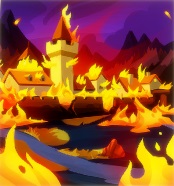 Een brandend landschap met bergen op de achtergrond en een weggetje door het gras op de voorgrond. Een brandende stad, omringd door een eveneens brandende muur, is zichtbaar.