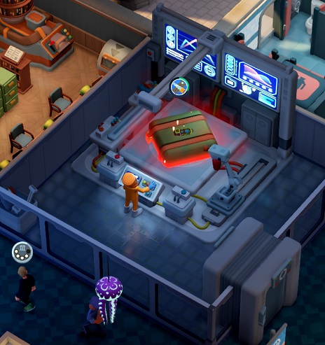 Vogelperspectief van een Workshop, waarin een Conciërge, gekleed in beschermende kledij, een 'Survey Scanner' maakt met een Workstation.